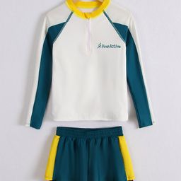 Pine Active Full Raglan Sleeves Two Piece Swimsuit With Logo Print - White & Dark Green-image-8