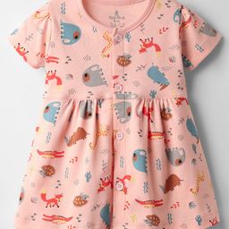 Child World Interlock Knit Half Sleeves Front Open Frock with Jungle Theme Print - Pink-image-14