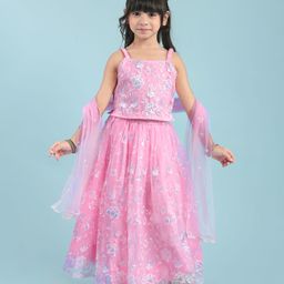 Babyhug Woven Sleeveless Floral Sequenced Embroidered Choli Lehenga Set With Dupatta - Pink-image-36