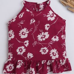 The Magic Wand Rayon Sleeveless Floral Printed & Frill Detailed Top - Maroon-picture-13