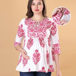 Bella Mama Woven Three Fourth Sleeves Maternity Top With Floral Print - White-image-105