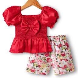 Mark & Mia Knit Half Sleeves Top & Shorts Set With Floral Print & Bow Applique - Red-image-59
