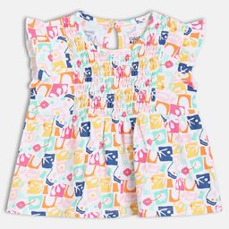 MINI KLUB Cotton Knit Frill Sleeves Floral Printed Smock Detailed Top - White & Pink-image-71