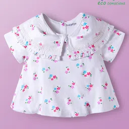 Babyoye Cotton Knit Half Sleeves Floral Printed Top With Frill & Lace Detailing - White-picture-16