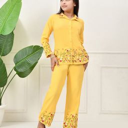 Bella Moda Cotton Woven Full Sleeves Floral Embroidered Coordinating Shirt Style Top & Pant Set - Yellow-picture-49