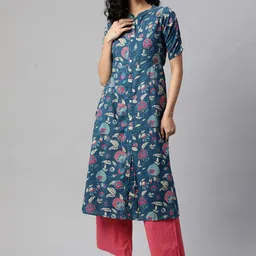 KALINI Floral Printed Short Sleeves Regular Pure Cotton A-Line Kurta-11