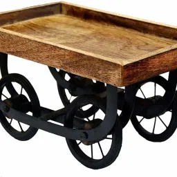 Handicrafts Wooden Serving Cart/Tray with moveable Iron Wheels Snack Serving Platter for Dining Table Tray-image-11
