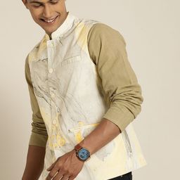 Taavi Men Grey & Yellow Marbling Pure Cotton Nehru Jacket With Mandarin Collar-14