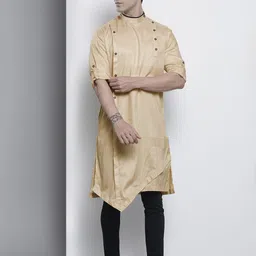 The Indian Garage Co Men Beige Solid Asymmetric Kurta-image-80