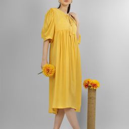 UNLOKALE Women Solid Puff Sleeve A-Line Midi Dress-image-10