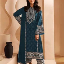 ODETTE Floral Embroidered Sequinned Semi Stitched Dress Material-image-40