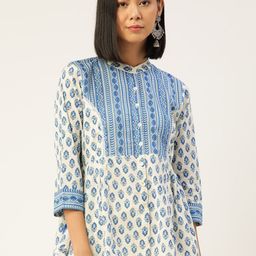 Jaipur Morni Off White & Blue Print Mandarin Collar Top-image-17