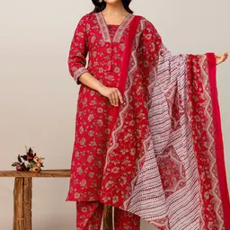Parthvi Women Floral Printed Cotton Kurta with Trousers & Dupatta-image-86
