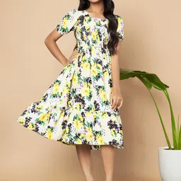 ZWERLON Floral Print Puff Sleeve A-Line Midi Dress-image-31