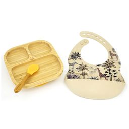 StarKiddo Slate Bamboo Suction Plates with Weaning Spoon and Cute Adjustable Printed Bib for Baby and Toddler - Yellow Beige-picture-24