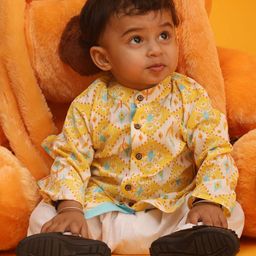 Vastramay Full Sleeves Seamless Aztec Motif Blocks Printed & Thread Work Detailed Kurta With Pyjama - Yellow-image-53