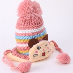 Babyhug Woollen Acrylic Cap With Kitten Design & Pompom - Pink-picture-18