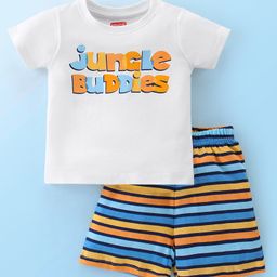 Babyhug Cotton Knit Half Sleeves Night Suit With Striped & Text Print - Multicolor-image-64