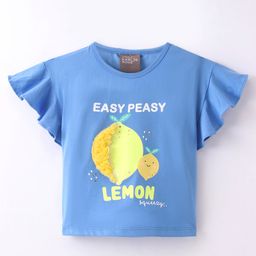 Little Kangaroos Cotton Blend Knit Half Sleeves Top Lemon Print - Royal Blue-image-48