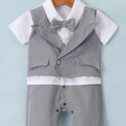 Mark & Mia Half Sleeves Partywear Romper With Bow Solid Colour - Grey & White-image-31