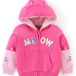 Babyhug Cotton Knit Full Sleeves Front Open Sweatjacket with Pocket Hood Zipper & Foil Detailing- Pink-image-75