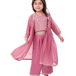 Babyhug Woven Three Fourth Sleeves Embroidered Top & Palazzo Set with Shrug Foil Embroidery - Rose Gold-image-31