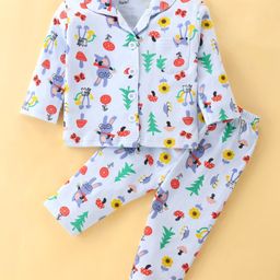 Little Darlings Cotton Knit Full Sleeves Night Suit Butterfly Print - Sky Blue-image-43