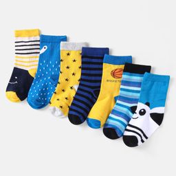 Cute Walk by Babyhug Non Terry Knit Anti-Bacterial Ankle Length Socks With Polka Dots & Strips Pack of 7 - Blue & Yellow-image-97