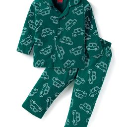 Babyhug Cotton Knit Full Sleeves Night Suit With Vehicles Print - Dark Green-image-77