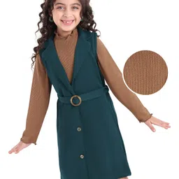 Hola Bonita Solid Colour Knee Length Dress With Full Sleeve Inner Tee - Dark Green & Brown-picture-32