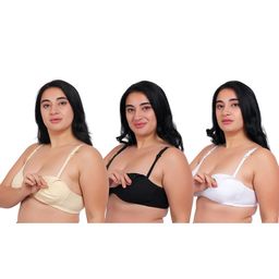 Fabme Pack Of 3 Cotton Sleeveless Solid Nursing Bras - Skin White & Black-image-70