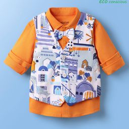 Babyoye 100% Cotton Knit Full Sleeves Shirt With Printed Waistcoat & Bow Applique - Orange & White-image-42