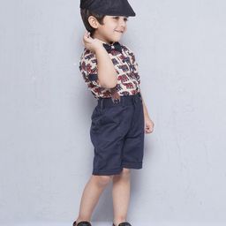 AJ Dezines Cotton Half Sleeves Elephants Printed Shirt Shorts With Suspender Cap & Bow Set - Beige-picture-39
