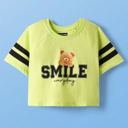 Pine Kids Cotton Knit Half Raglan Sleeves T-Shirt With Teddy Print & Tape Detailing - Limegreen-image-21