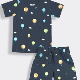 Orange Sugar 100% Cotton Knit Half Sleeves Hot Air Balloon Printed Coordinating Tee & Shorts Set - Blue-image-98