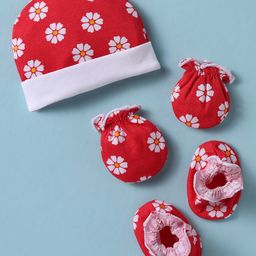 Ben Benny 100% Cotton Knit Floral Printed Cap Mitten Booties Set Red - Diameter 9 cm-picture-12