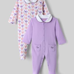 Kookie Kids Interlock Knit Full Sleeves Bird Printed & Floral Embroidered Footed Sleep Suits Pack of 2 - Lavender & White-image-97