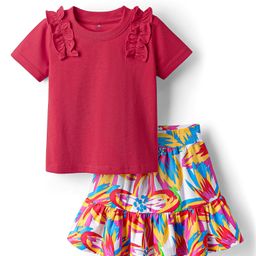 Ollington St. Cotton Knit Half Sleeves Top & Skirt Set With Floral Print - Red & Multicolor-image-67