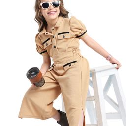 OLLINGTON ST. Waffle Knit Co-Ord Set Of Half Sleeves Top & Culottes With Pockets - Tan-image-72