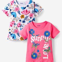 Honeyhap Premium 100% Cotton Knit Half Sleeves T-Shirts with Bio Finish & Floral Print Pack of 2 - Bright White & Hot Pink-picture-0