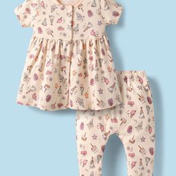 Cucumber Interlock Knit Half Sleeves Frock with Leggings & Birthday Theme Print - Peach-picture-19