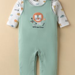 ToffyHouse Interlock Knit Dungaree Style Romper & Full Sleeves Inner Tee With Lion Print & Embroidery - Light Green & White-image-90