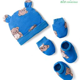 Babyoye 100% Cotton Knit Cap, Mitten & Booties Set With Teddy Print Blue - Diameter 12 cm-picture-36