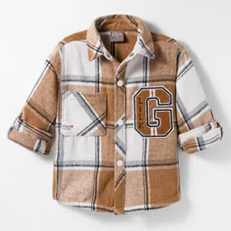 Little Kangaroos Cotton Woven Full Sleeves Checkered Shirt - Tan & White-picture-20