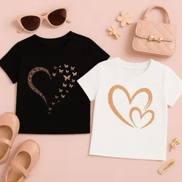 Luke and Lilly Cotton Knit Pack Of 2 Half Sleeves Hearts & Butterflies Printed Tees - Black & White-picture-9