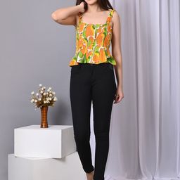 VYMO Abstract Printed Smocked Peplum Crop Top-picture-6