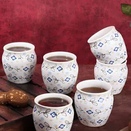 Aura White & Blue Printed Ceramic Glossy Kulladhs Set of Cups and Mugs-34
