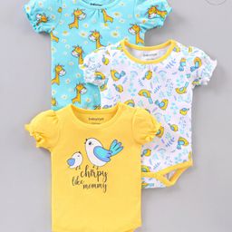 Babyoye Half Sleeves Onesie Giraffe Print Pack of 3 - Yellow-image-98