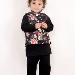 Little Bansi Full Sleeves Kurta With Floral Print Jacket & Pajama - Black-image-34