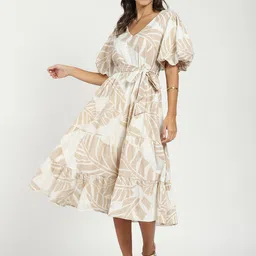 Global Republic Women Printed Puff Sleeve V Neck Tiered Fit & Flare Cotton Midi Dress-image-18